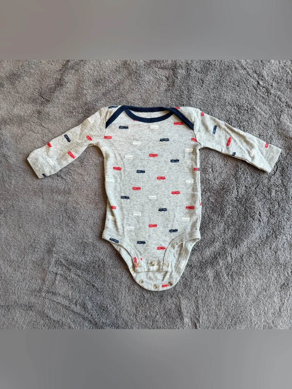 ❤️$3 with Bundle!  Grey Long-Sleeve One-Piece with Red & Navy Firetruck Print